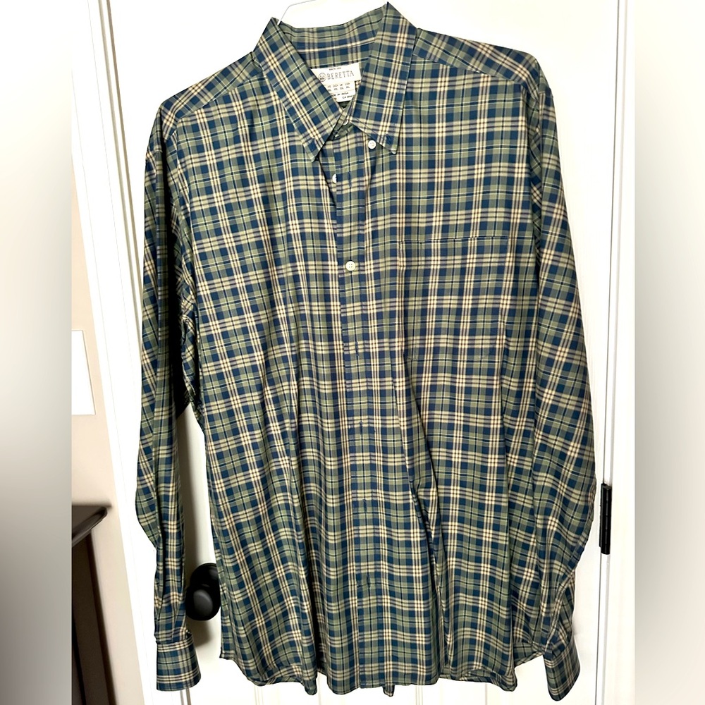 Beretta Navy Blue & Olive Green Plaid Button Down XXL